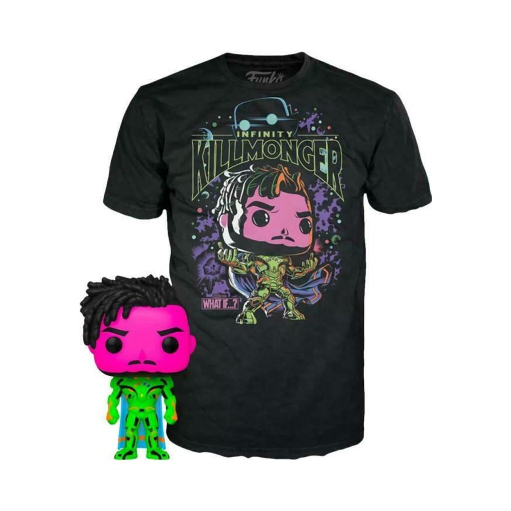 Funko Pop! & Tee (Adult): Marvel What If…? – Infinity Killmonger (Blacklight) (Special Edition) Bobble-Head Vinyl Figure & T-Shirt (S)