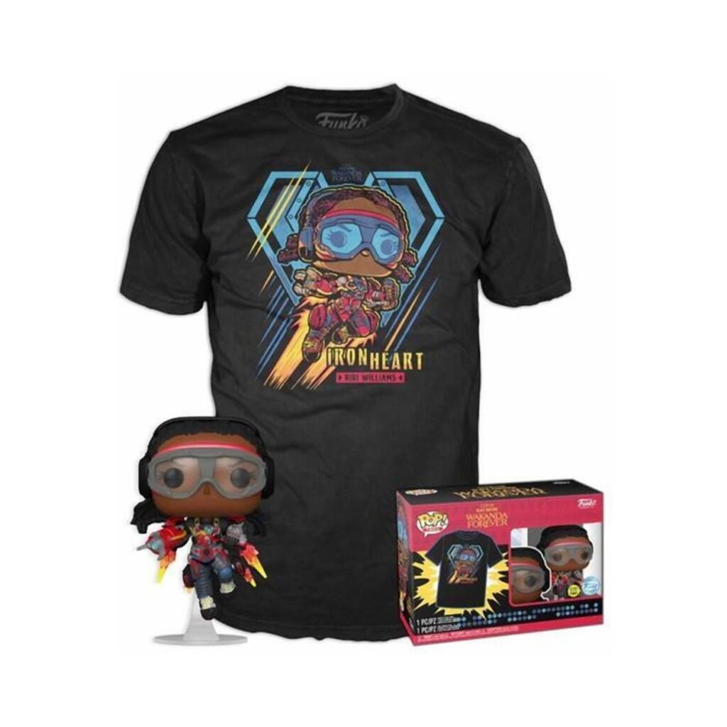 Funko Pop! & Tee (Adult): Marvel Black Panther Wakanda Forever – Iron Heart Riri Williams (Glows in the Dark) Bobble-Head Vinyl Figure and T Shirt (S)